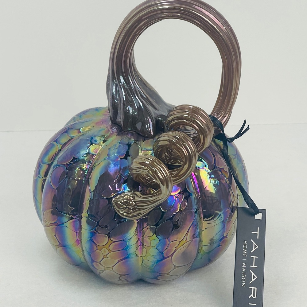 Tahari Home Iridescent Glass Pumpkin Oil Slick Rainbow Bubble Decor 7.5 Inch NEW - Picture 9 of 16
